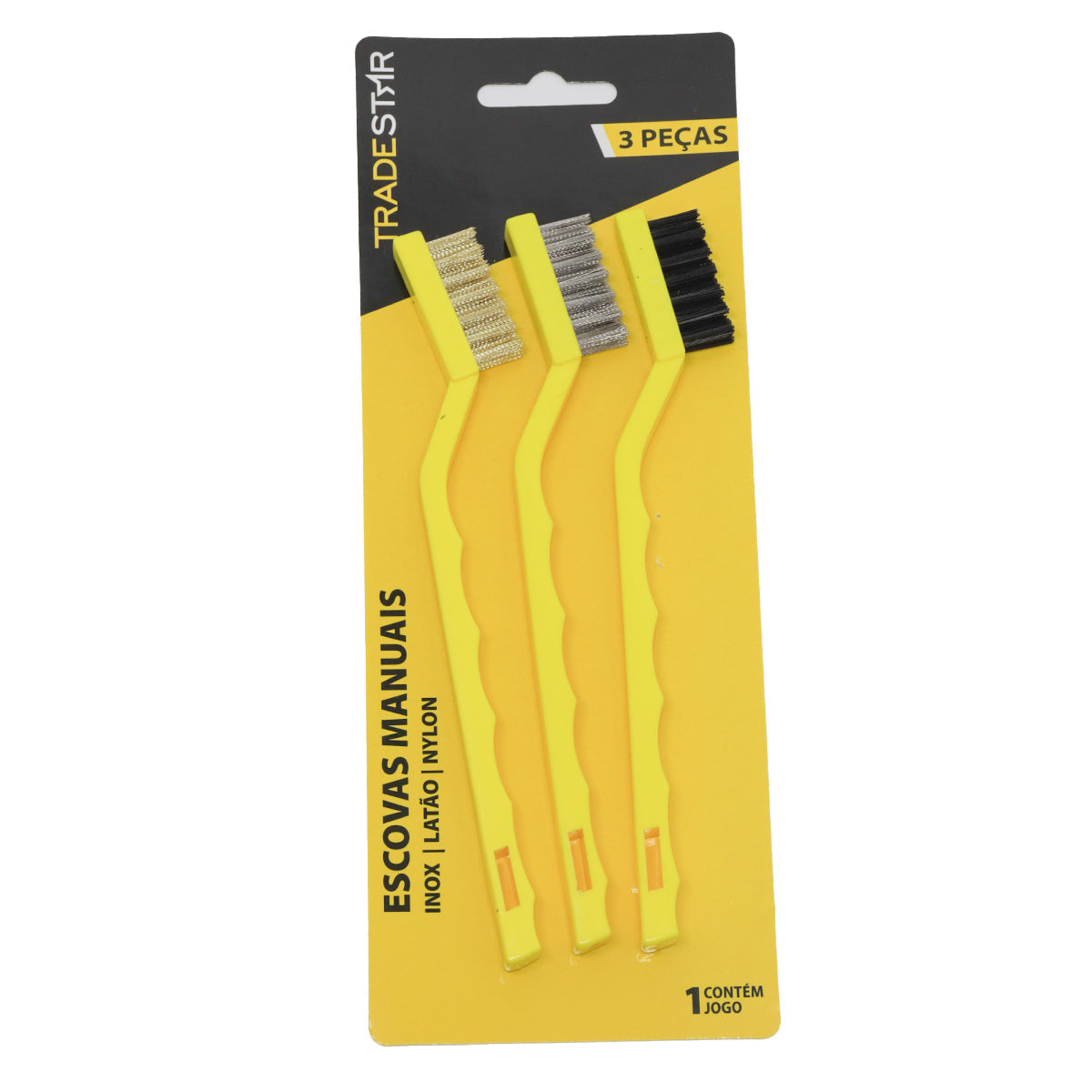 Kit 3 escovas de limpeza manuais com cerdas de aço, nylon e latão, com cabos amarelos, ideal para limpeza de diversas superfícies. Inclui escovas de aço inox, latão e nylon para diferentes aplicações. Perfeito para limpeza manual.