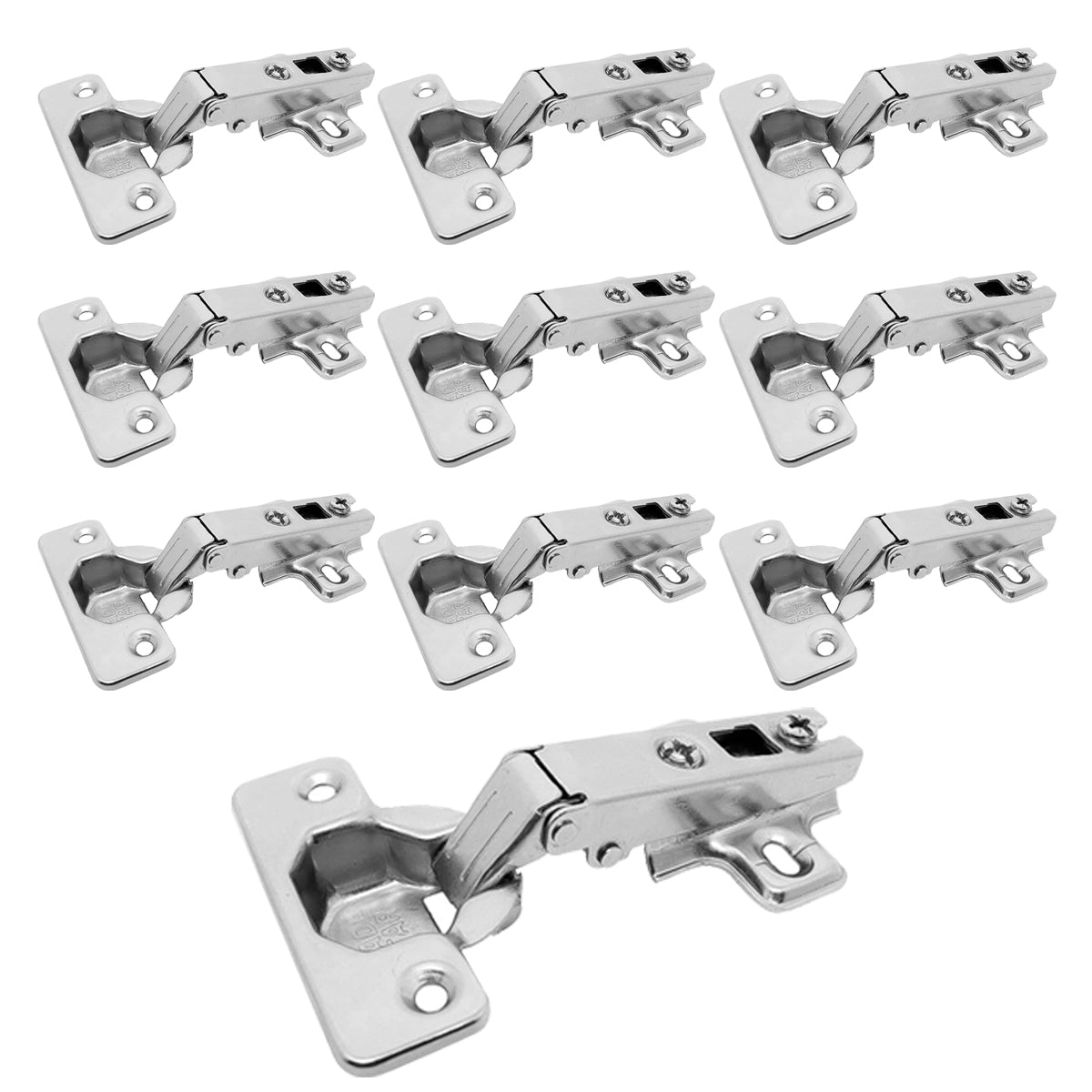 Kit 10 Dobradiças Caneco 35mm Slide On 110° Pro Tradestar para portas de armários e móveis. Dobradiças retas em aço niquelado, abertura de 110 graus, ideais para instalação em móveis com espessura de 14mm a 23mm.