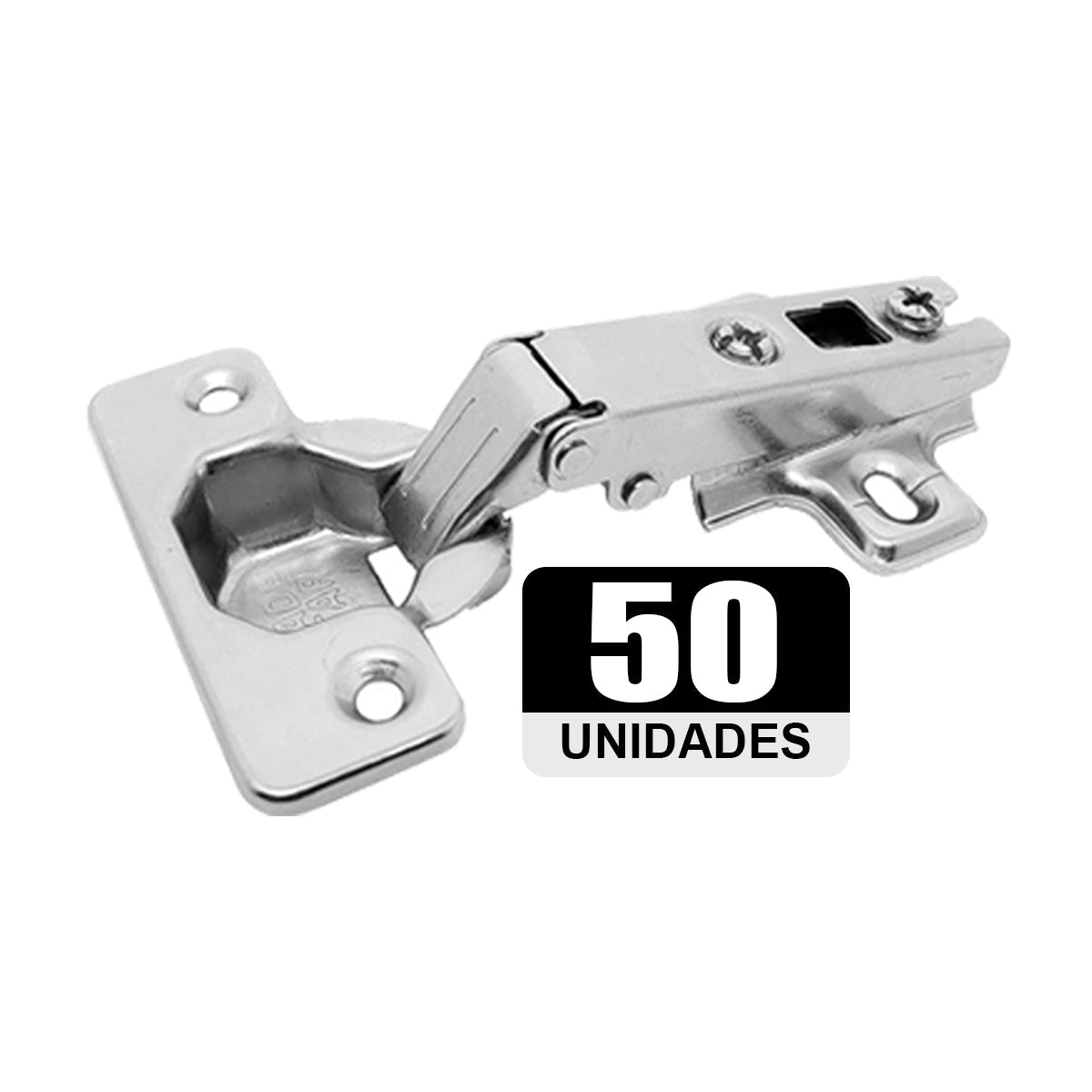 Kit 50 Dobradiças Caneco 35mm Slide On 110° Pro Tradestar para portas de armários e móveis, dobradiça reta em aço niquelado, abertura de 110 graus, 35mm, ideal para instalação em móveis.