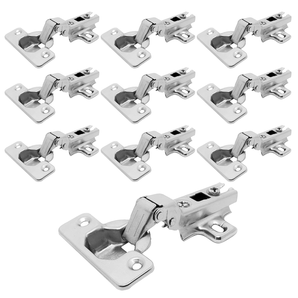 Kit 10 Dobradiças Caneco 35mm Slide On 110° Curva Tradestar para portas de armários e móveis. Dobradiças de aço niquelado, abertura de 110 graus, design curvo, ideais para móveis com espessura de porta entre 14mm e 23mm.