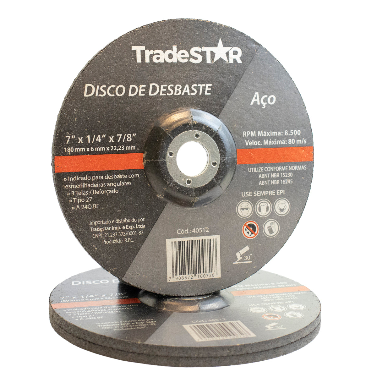 Kit com 5 discos de desbaste de metal Tradestar 7 polegadas (180x6mm) para esmerilhadeira, ideal para desbaste profissional de aço, ferro fundido e alumínio. Possui alta taxa de remoção, durabilidade e segurança, com camada dupla de fibra de vidro. Produto original com nota fiscal e envio imediato.