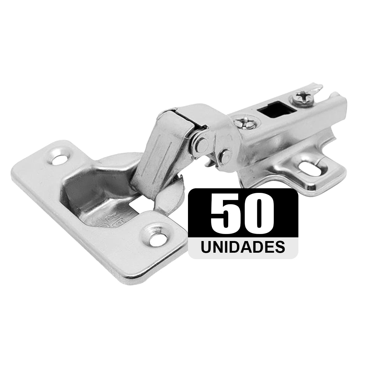 Kit 50 Dobradiças Caneco 35mm Slide On 110° Curva Tradestar para portas de armários e móveis. Dobradiça em aço niquelado, abertura de 110 graus, 35mm de diâmetro. Ideal para móveis com portas de 14mm a 23mm.