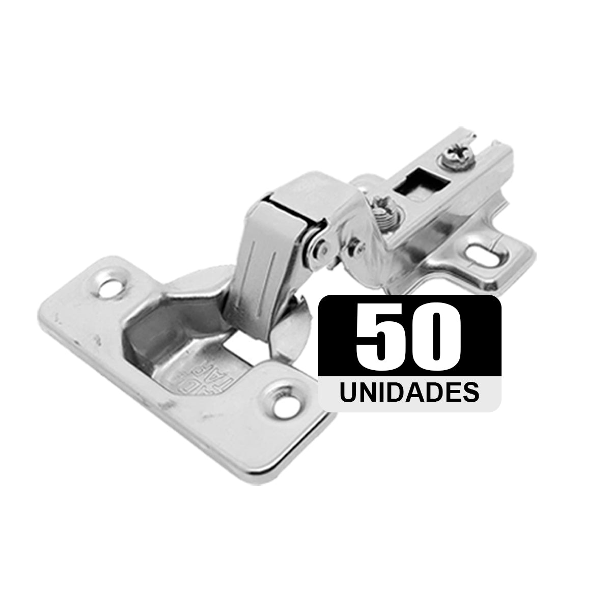 Kit com 50 dobradiças slide on 110° caneco 35mm para armário, dobradiça clip on soft close Tradestar, ideal para portas de móveis com fechamento suave e silencioso. Aço niquelado, durável e com amortecedor.