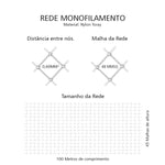 Pano Rede Malha Pesca Fio Nylon 0,60 Malha 9,5 100M - Diagrama técnico mostrando detalhes da rede de pesca, incluindo distância entre nós (0,60mm²), malha da rede (48 MMSQ), tamanho da rede (100 metros de comprimento e 45 malhas de altura), ideal para pesca de tainha, robalo, corvina e bagre.