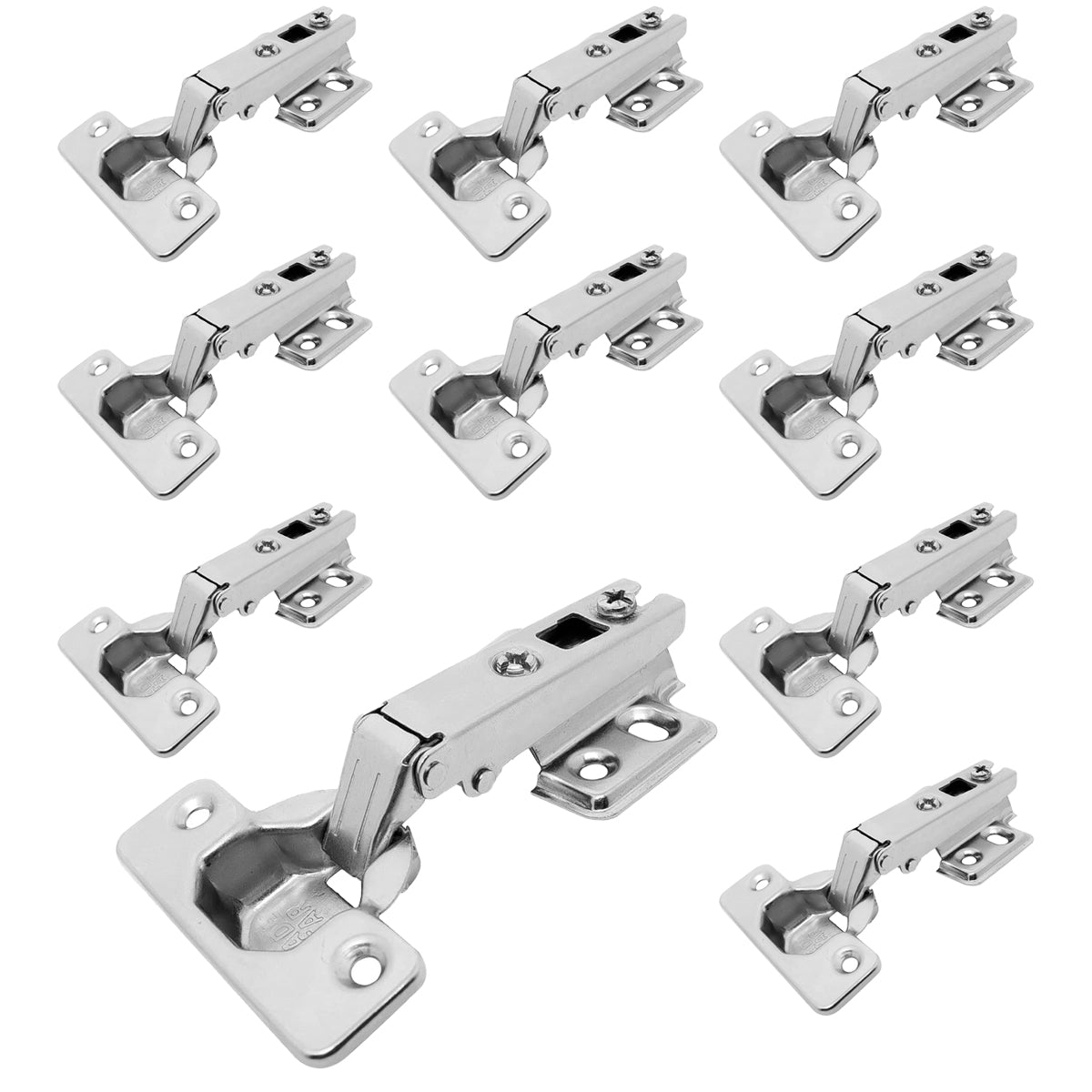 Kit com 10 dobradiças Slide On 110° caneco 35mm H=2 R para armário, dobradiça reta Tradestar em aço niquelado para portas de móveis, abertura de 110°, caneco 35mm, altura do calço 2mm.