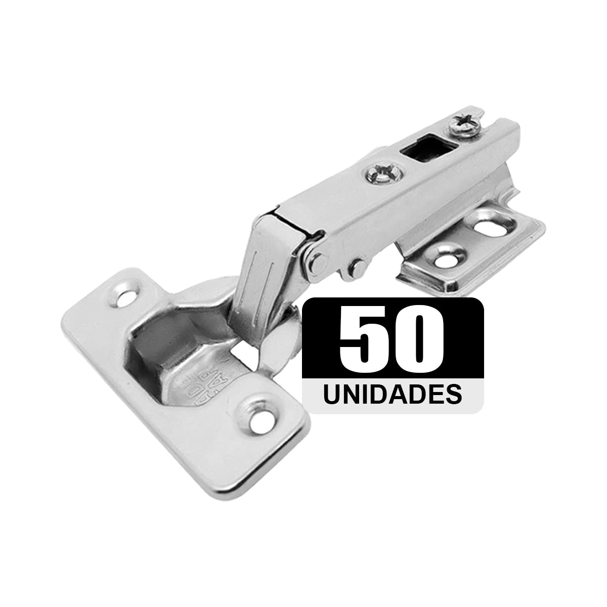 Kit com 50 dobradiças Slide On 110° caneco 35mm H=2 R para armário, dobradiça reta Tradestar em aço niquelado, ideal para portas de armários e móveis, abertura de 110°, 4 furos, 35mm caneco, 2mm calço.