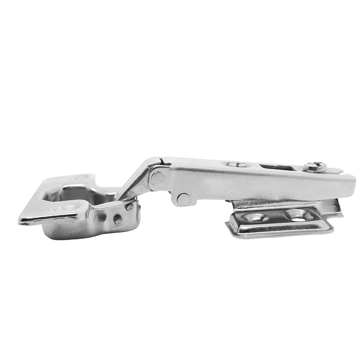 Kit com 50 dobradiças Slide On 110° caneco 35mm H=2 R para armário, dobradiça reta Tradestar em aço niquelado para portas de móveis, abertura de 110 graus, caneco de 35mm, altura do calço de 2mm, ideal para armários e móveis.