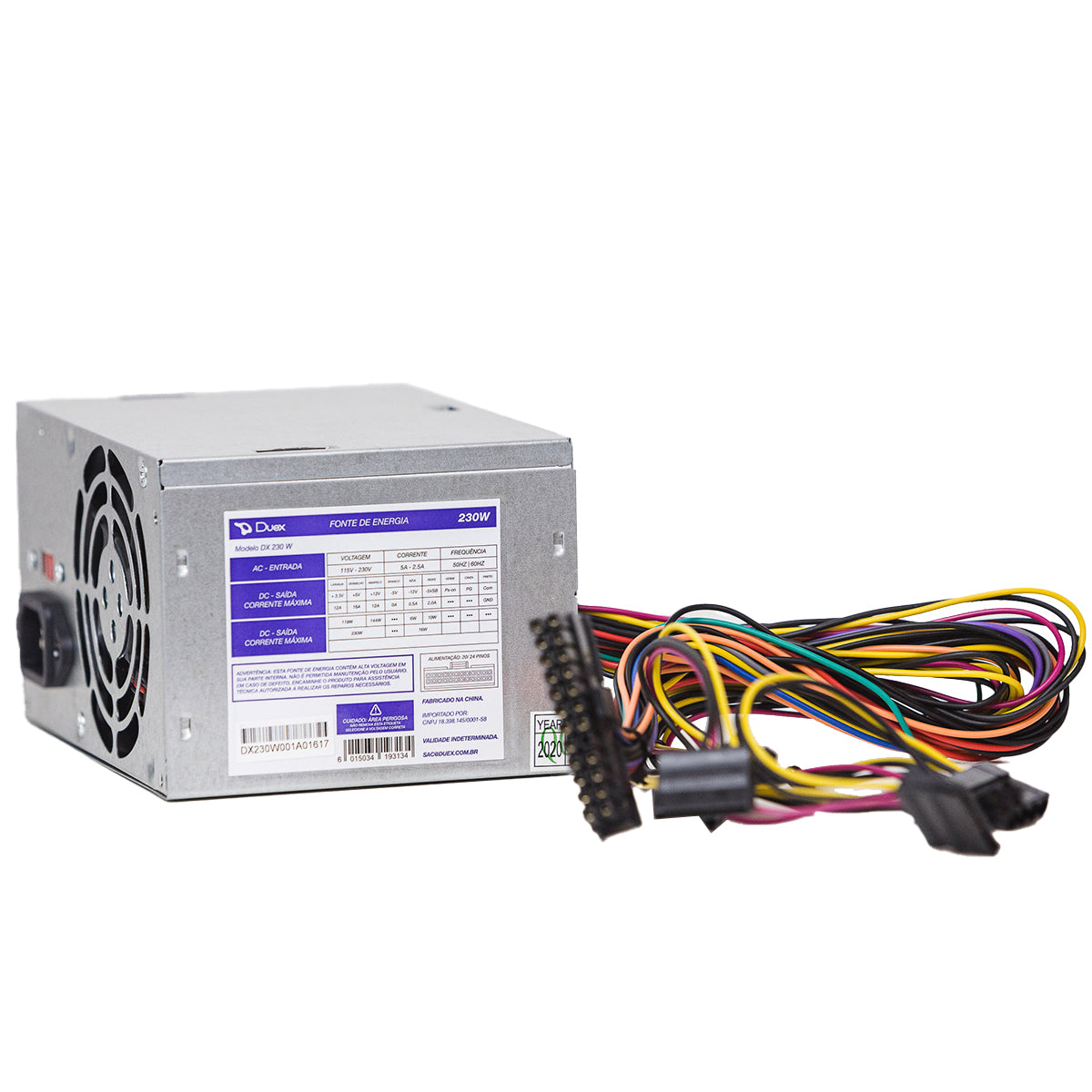 Fonte ATX 230W Duex DX230SE 24 pinos bivolt manual, ideal para computadores. Fonte de alimentação com conectores SATA e IDE, cabo de 40cm e chave seletora de tensão.