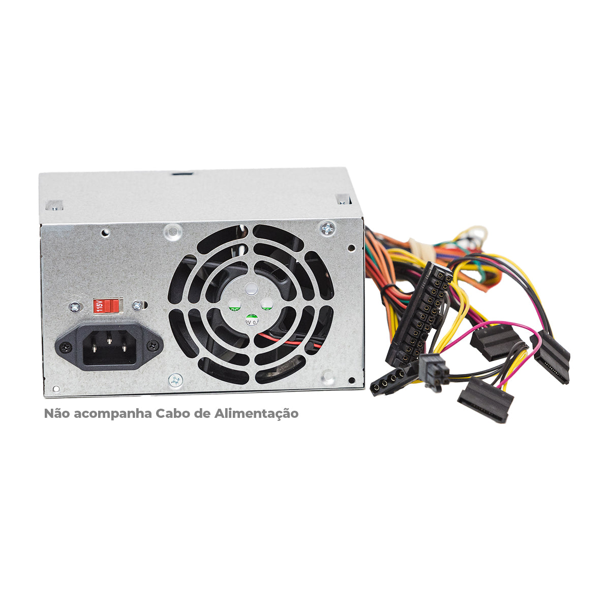 Fonte ATX 230W Duex DX230SE 24 pinos bivolt manual, vista frontal com conectores e cabo de alimentação. Ideal para computadores, oferece energia confiável e compatibilidade com diversos componentes. Não acompanha cabo de alimentação.