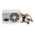 Fonte ATX 230W Duex DX230SE 24 pinos bivolt manual, vista frontal com conectores e cabo de alimentação. Ideal para computadores, oferece energia confiável e compatibilidade com diversos componentes. Não acompanha cabo de alimentação.