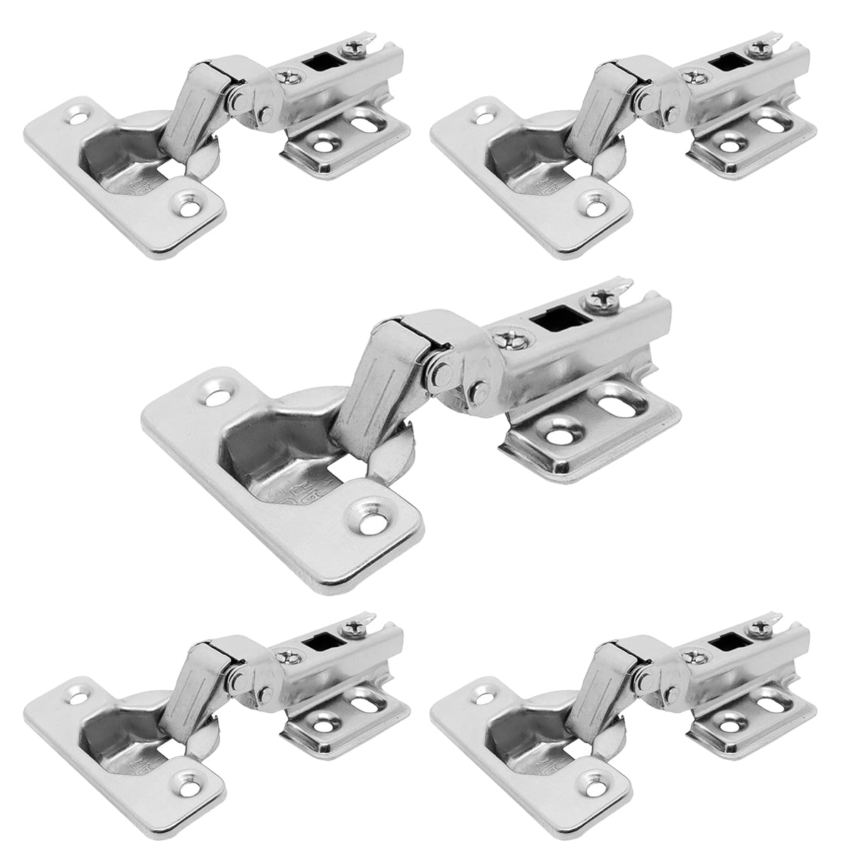 5 Dobradiças Caneco Duplo 35mm Slide On 110 Curva Tradestar para portas de armários e móveis. Dobradiça de aço niquelado, abertura de 110 graus, caneco de 35mm, ideal para portas de 14mm a 23mm.