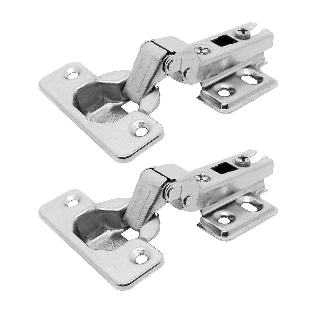 5 Dobradiças Caneco Duplo 35mm Slide On 110 Curva Tradestar para portas de armários e móveis, em aço niquelado, com abertura de 110 graus, ideal para portas de 14mm a 23mm. Dobradiça curva para design elegante.