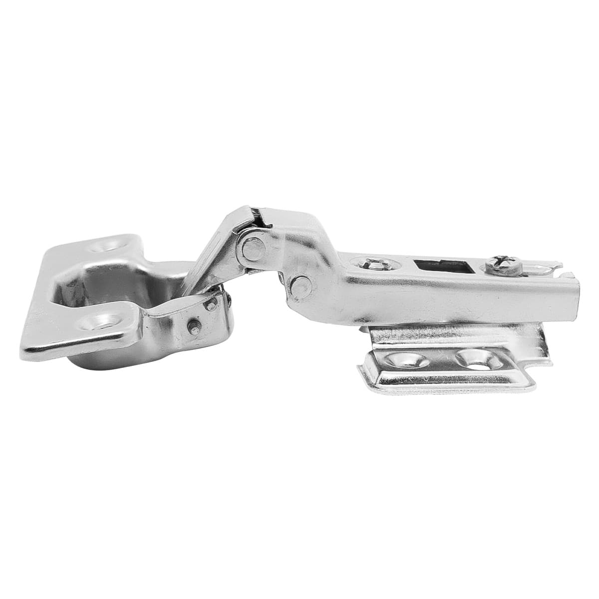 Dobradiça Caneco Duplo 35mm Slide On 110 Curva Tradestar - Dobradiça para portas de armários e móveis, aço niquelado, abertura de 110 graus, 4 furos, ideal para móveis com design curvo.