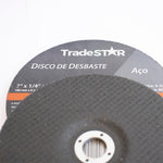Kit com 20 discos de desbaste metal 7 polegadas Tradestar para esmerilhadeira, ideal para desbaste em aço e outros metais. Ferramenta profissional com alta durabilidade e segurança, com óxido de alumínio e camada dupla de fibra de vidro.