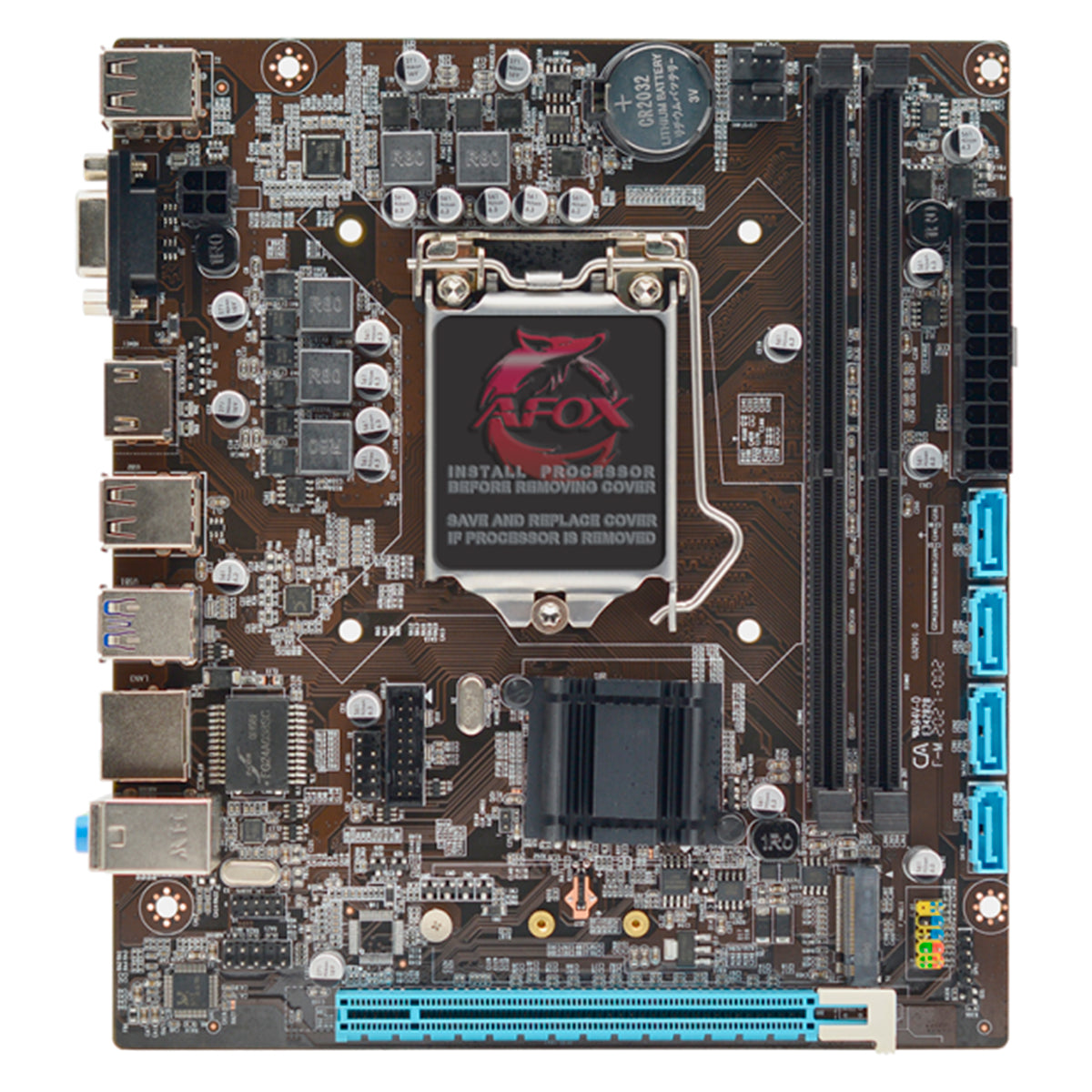 Placa mãe Afox IH110D4-MA2 LGA 1151 DDR4 HDMI VGA M.2 - Visão detalhada da placa, mostrando conectores, slots de memória e o logo Afox. Ideal para computadores com processadores Intel de 6ª, 7ª, 8ª e 9ª geração.