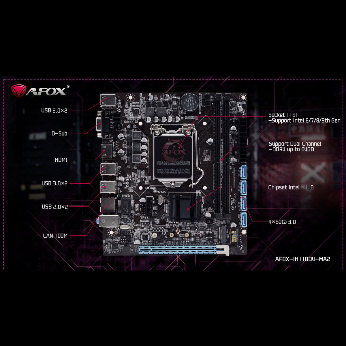 Placa mãe Afox IH110D4-MA2 LGA 1151 DDR4 HDMI VGA M.2 - Visão detalhada da placa, mostrando conectores USB 2.0 e 3.0, HDMI, VGA, LAN, slots de memória DDR4, chipset Intel H110 e soquete 1151. Ideal para processadores Intel de 6ª, 7ª, 8ª e 9ª geração. Suporta até 64GB de memória. Modelo AFOX-IH110D4-MA2.
