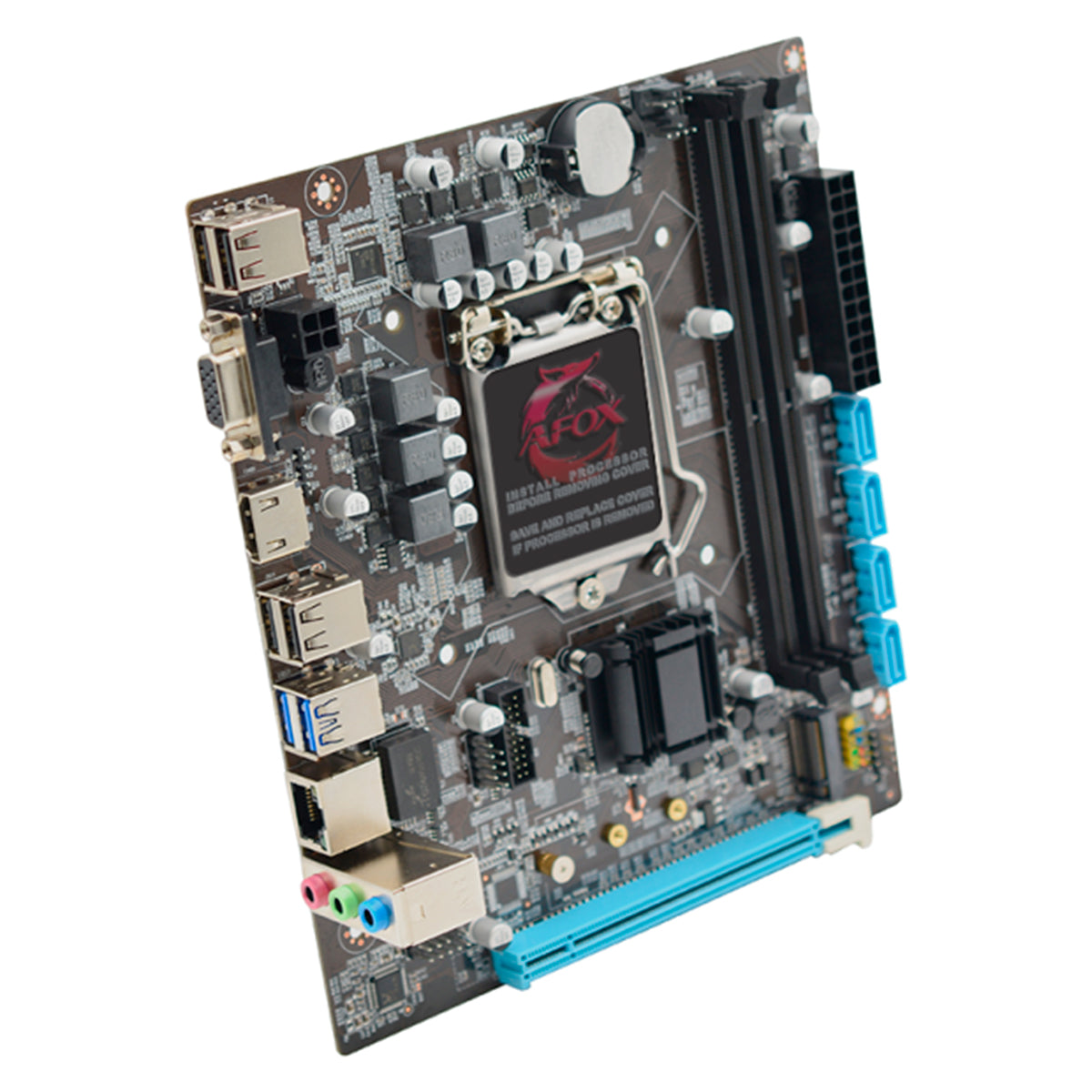 Placa Mãe Afox IH110D4-MA2 LGA 1151 DDR4 HDMI VGA M.2 - Imagem da placa-mãe com conectores HDMI, VGA, USB e slots de memória DDR4. Ideal para processadores Intel de 6ª, 7ª, 8ª e 9ª geração. Perfeita para upgrade e desempenho.