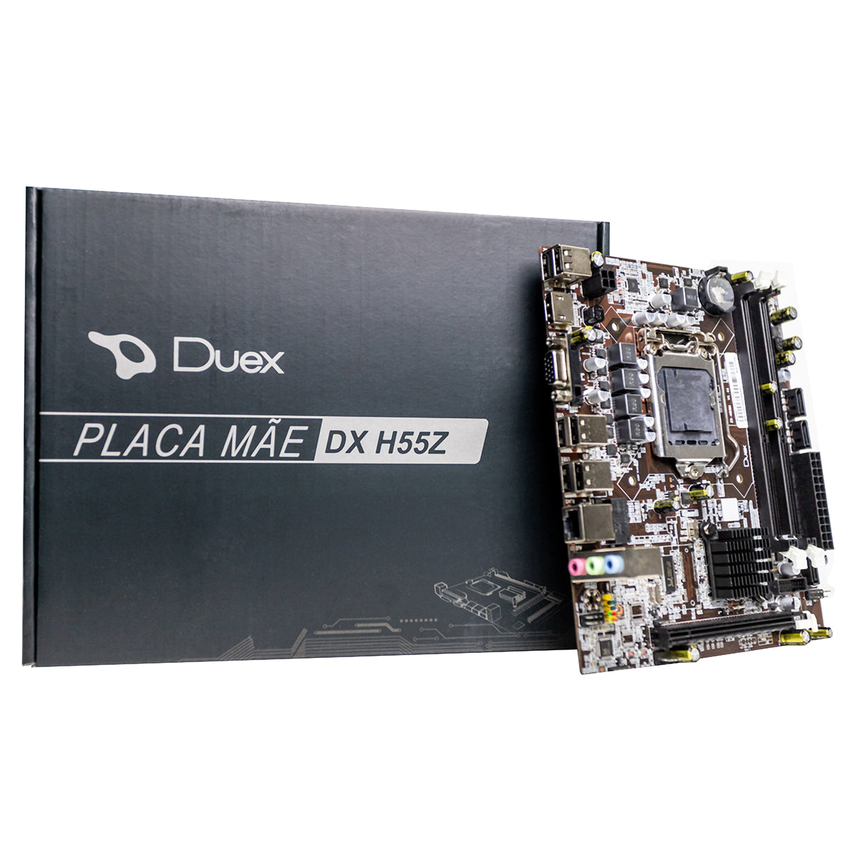 Placa Mãe Duex DX H55Z Chipset H55 Intel LGA 1156 MATX DDR3 - Visão geral da placa-mãe e sua embalagem, ideal para processadores Intel i3, i5 e i7 de primeira geração. Suporta até 8GB de memória DDR3 e possui porta HDMI.