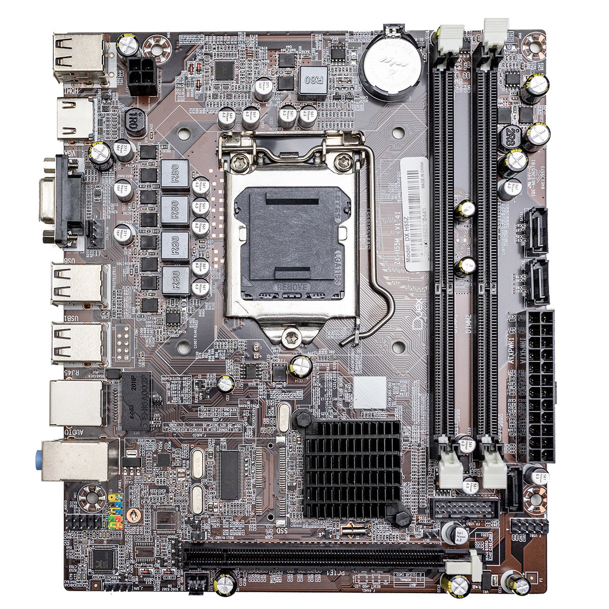 Placa mãe Duex DX H55Z Chipset H55 Intel LGA 1156 MATX DDR3 - Visão geral da placa, mostrando conectores, slots de memória e chipset. Ideal para processadores Intel i3, i5 e i7 de primeira geração. Suporta até 8GB DDR3, HDMI, USB e atualização acessível para sistemas mais antigos.
