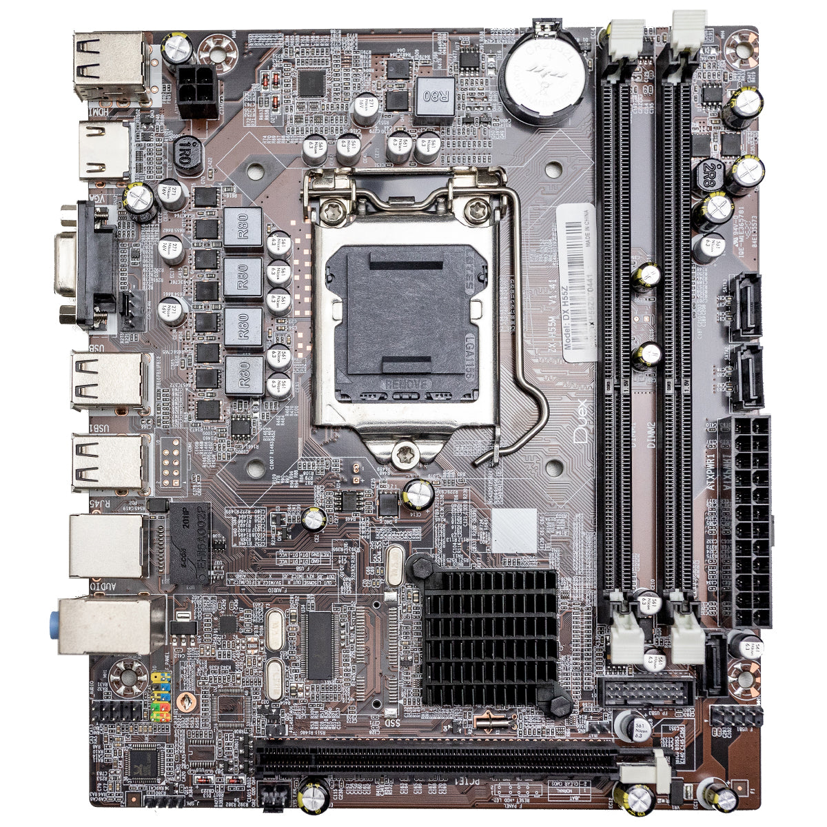 Placa mãe Duex DX H55ZG Chipset H55 Intel LGA 1156 MATX DDR3 - Visão detalhada da placa, mostrando conectores, slots e componentes, ideal para processadores Intel i3, i5 e i7 de primeira geração. Suporta até 8GB DDR3, HDMI e VGA.