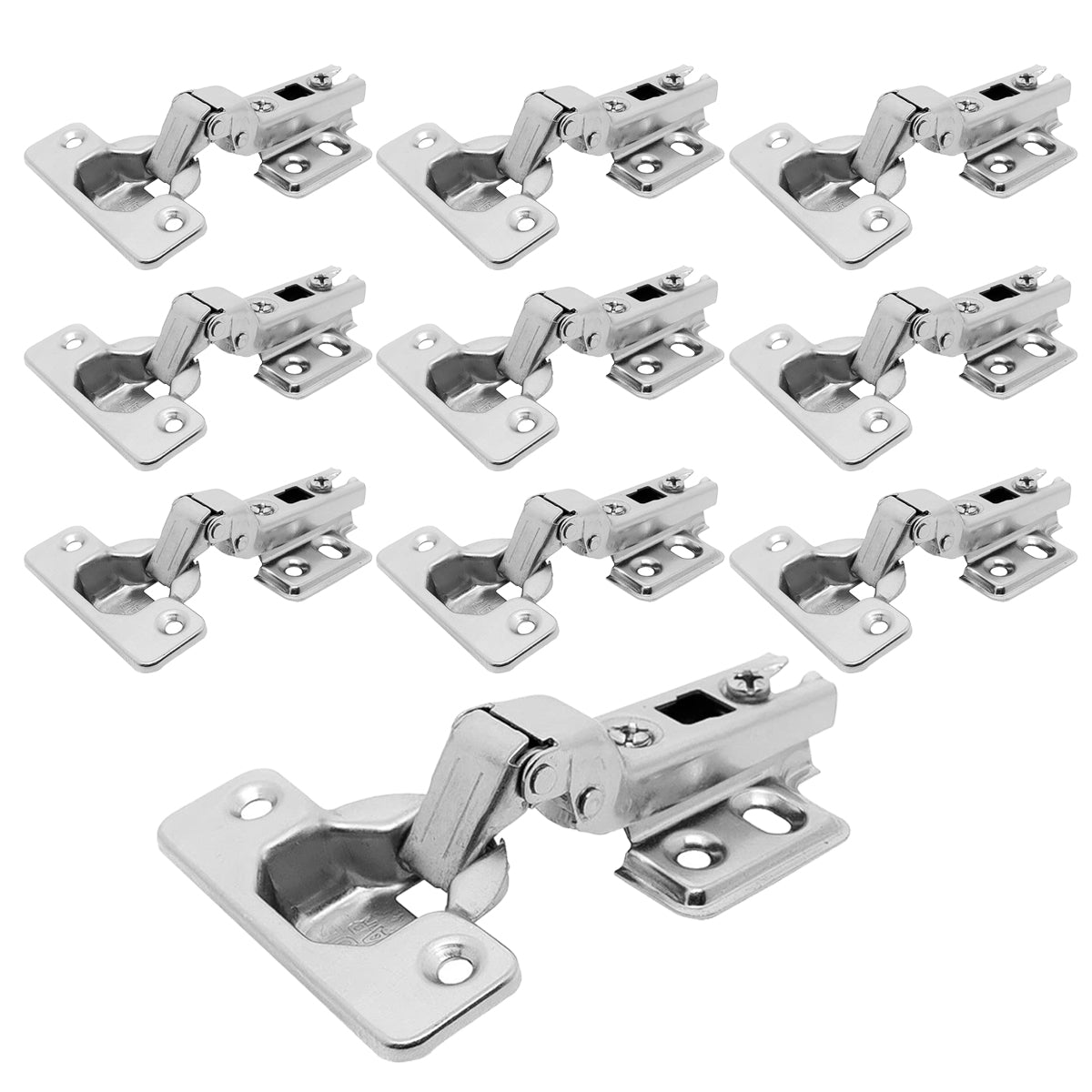 Conjunto de 10 dobradiças caneco duplo 35mm Slide On 110° curva Tradestar, ideal para portas de armários e móveis. Dobradiças em aço niquelado, com abertura de 110°, caneco de 35mm e compatíveis com portas de 14mm a 23mm. Detalhe da curvatura e design elegante.