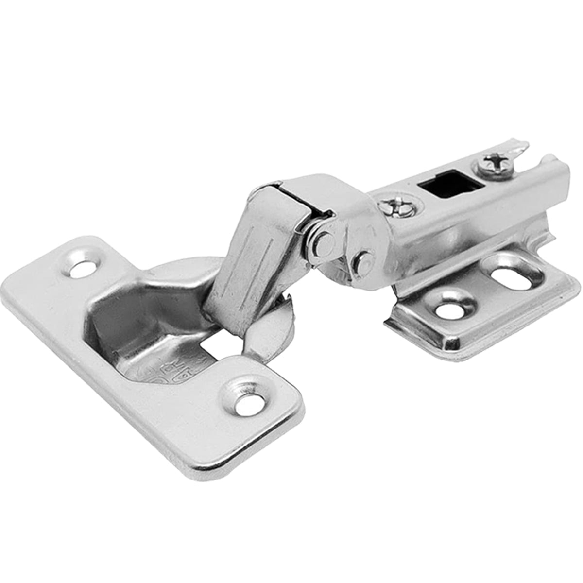 Kit com 50 dobradiças Slide On 110° para armário, caneco de 35mm, altura 2mm, aço niquelado Tradestar. Ideal para portas de armários e móveis, proporcionando abertura ampla e design curvo.