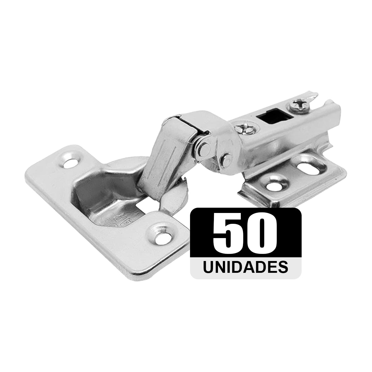 Kit com 50 Dobradiças Slide On 110° Caneco 35mm H=2mm para Armário - Tradestar. Dobradiça de aço niquelado, ideal para portas de armários e móveis, com abertura de 110° e fácil instalação.