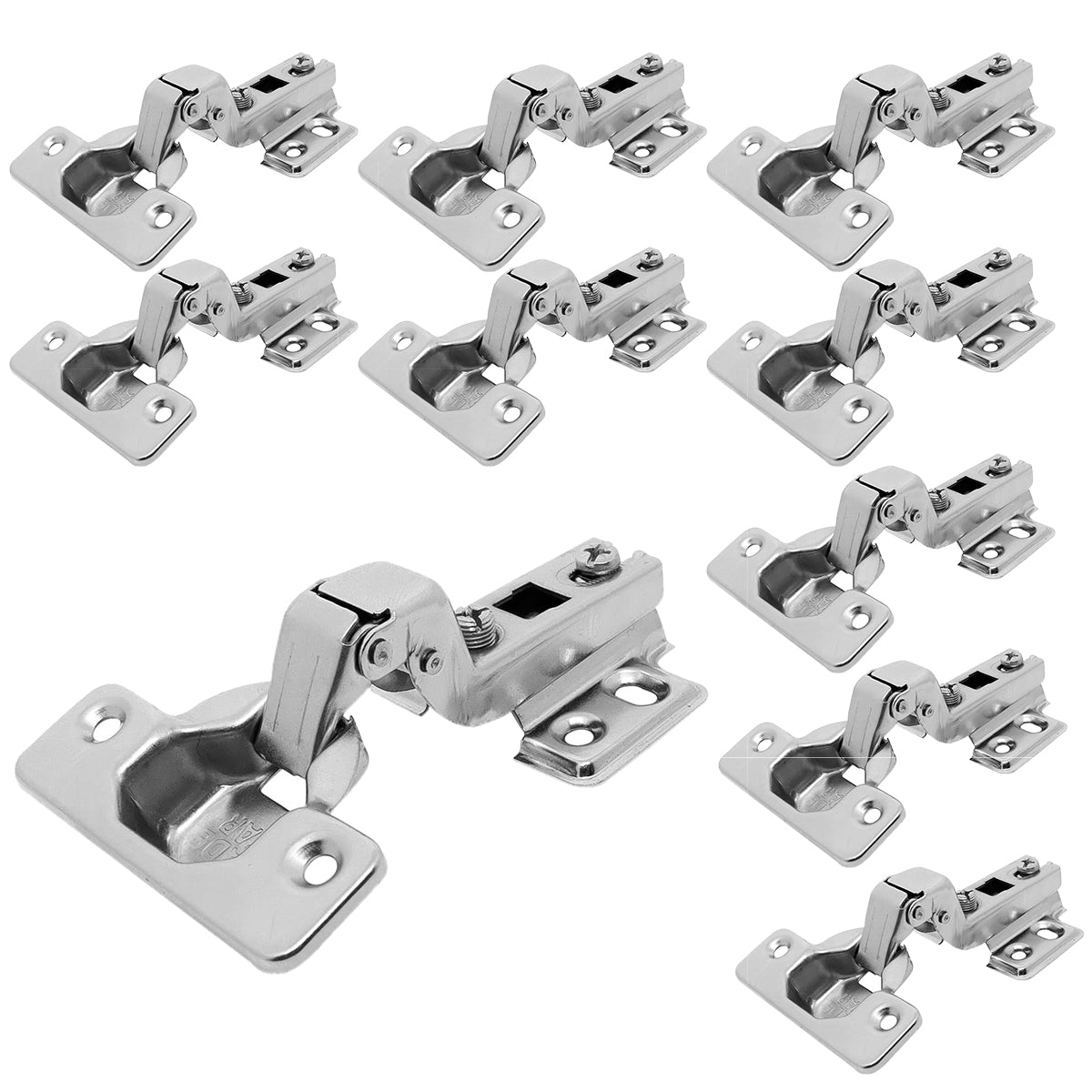 Kit 10 Dobradiças Caneco Duplo Alta 35mm Slide On Tradestar para portas de armários e móveis, em aço niquelado, com abertura de 110 graus. Ideal para instalação em portas com espessura entre 14mm e 23mm.