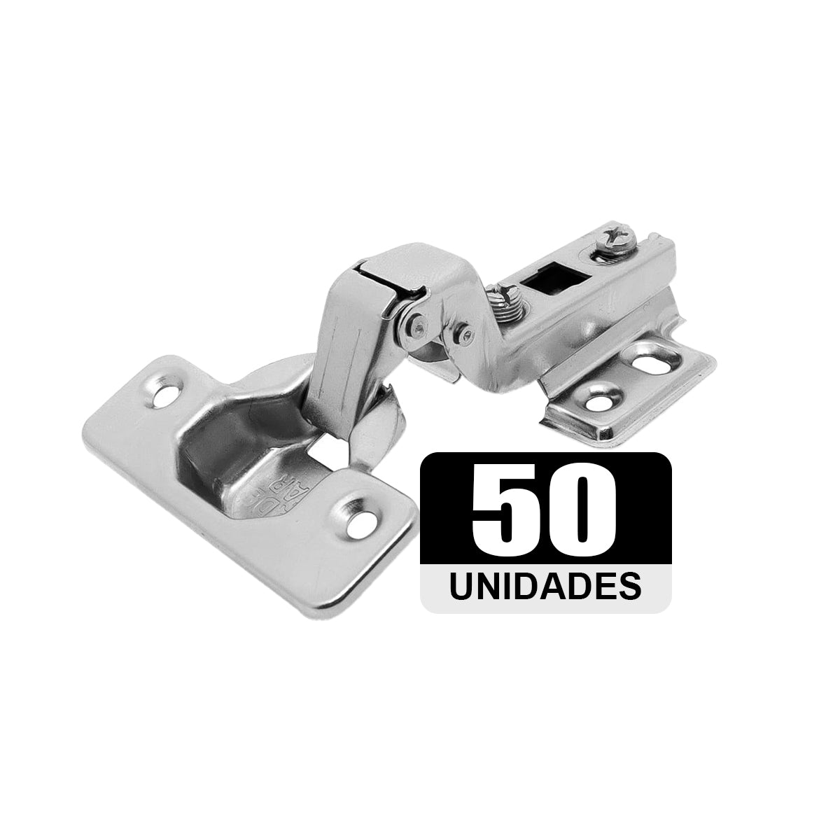 Kit 50 Dobradiças Caneco Duplo Alta 35mm Slide On Tradestar para portas de armários e móveis. Dobradiça em aço niquelado, abertura 110°, 4 furos, ideal para instalação precisa e duradoura.