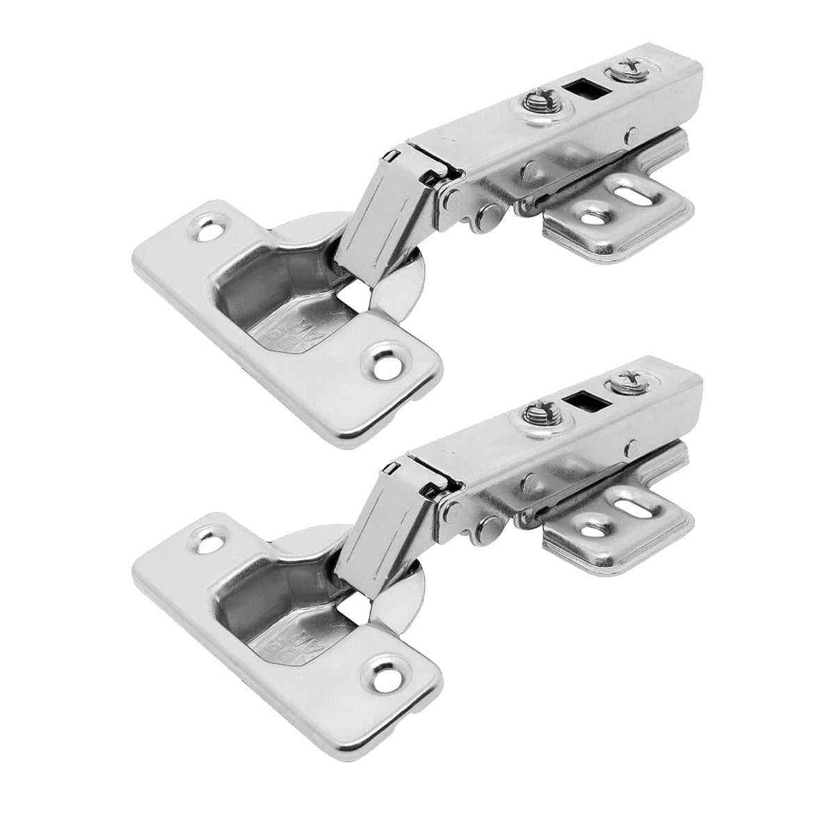 Kit com 2 dobradiças Click 105 Soft Close 35mm Reta com amortecedor para portas de armários e móveis Tradestar. Dobradiças em aço niquelado, ideais para fechamento suave e silencioso, com abertura de 105 graus e design reto.