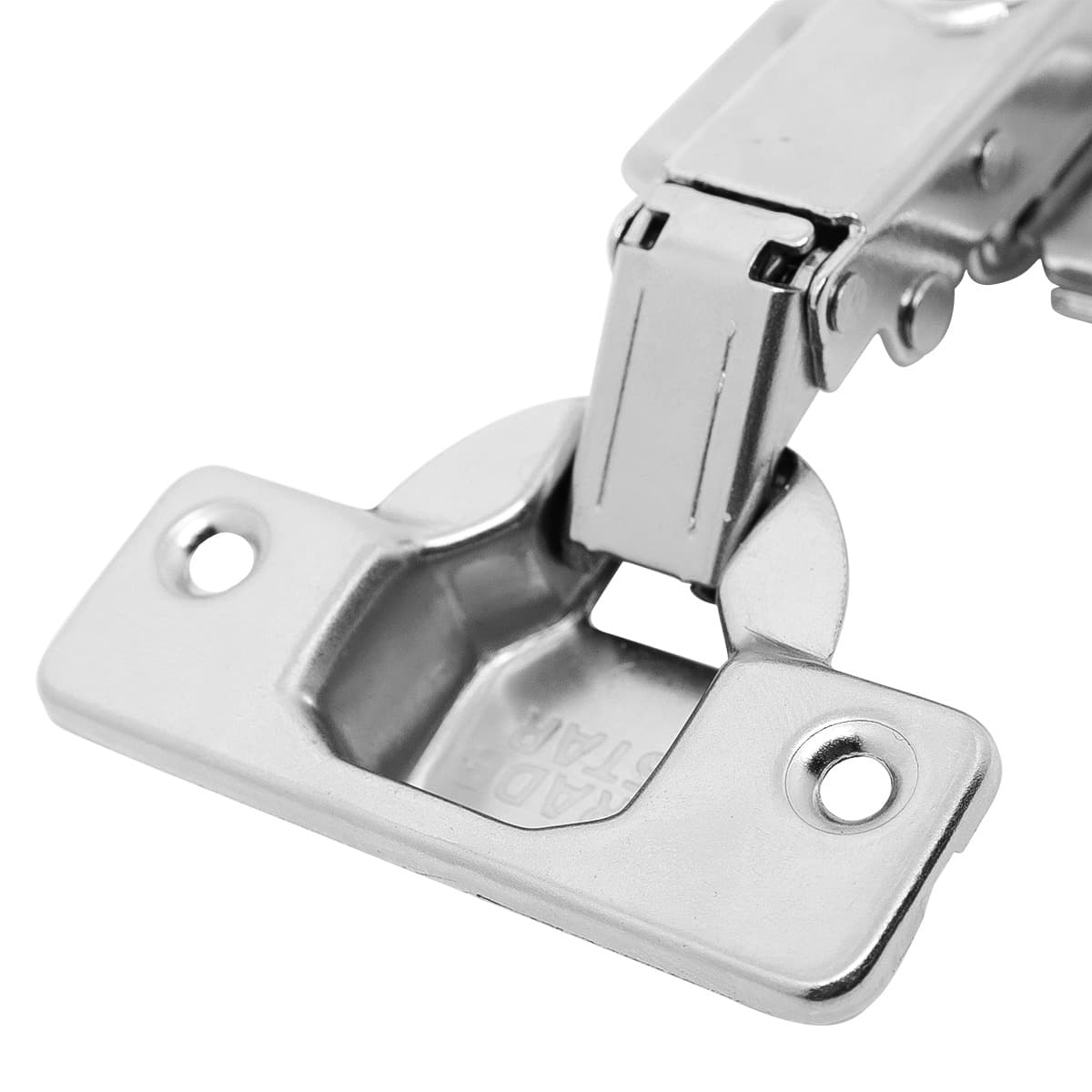 Kit com 2 dobradiças Click 105 Soft Close 35mm Reta com amortecedor Tradestar para portas de armários e móveis. Dobradiça de aço niquelado, fechamento suave e silencioso, abertura de 105 graus.