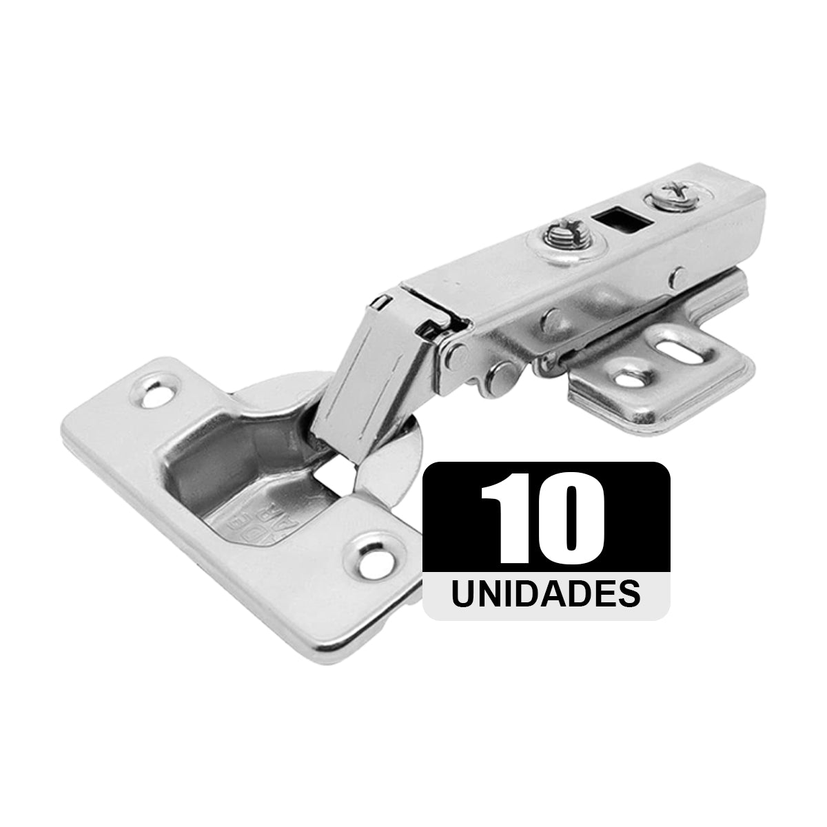 Kit com 10 dobradiças Click 105° Soft Close 35mm R com amortecedor, ideal para portas de armários e móveis. Dobradiça reta Tradestar em aço niquelado, com fechamento suave e silencioso. Garante durabilidade e design discreto.