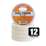 Fita adesiva crepe de papel 18mm x 50m TradeStar com 12 rolos, ideal para pintura, vedação, empacotamento e fixação. Adesivo forte, fácil de remover e não deixa resíduos. Uso geral em diversas aplicações.
