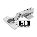 Kit com 50 dobradiças Click 105° Soft Close 35mm R com amortecedor para portas de armários e móveis Tradestar. Dobradiça reta em aço niquelado, com fechamento suave e silencioso, ideal para móveis com portas de 14mm a 21mm.