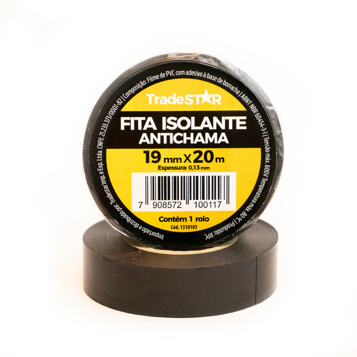 Fita isolante antichama preta Tradestar 19mm x 20m, ideal para isolamento elétrico, proteção de fios e cabos, com alta resistência e durabilidade. Fita de PVC, suporta até 600V e 80°C. Perfeita para projetos elétricos e organização de cabos.