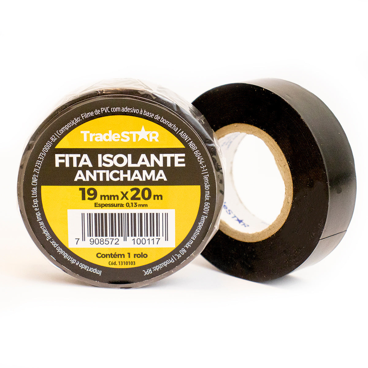 Fita isolante PVC antichama preta Tradestar 19mm x 20m, ideal para isolamento elétrico, proteção de fios e cabos, com alta resistência e durabilidade. Perfeita para projetos DIY e reparos elétricos.