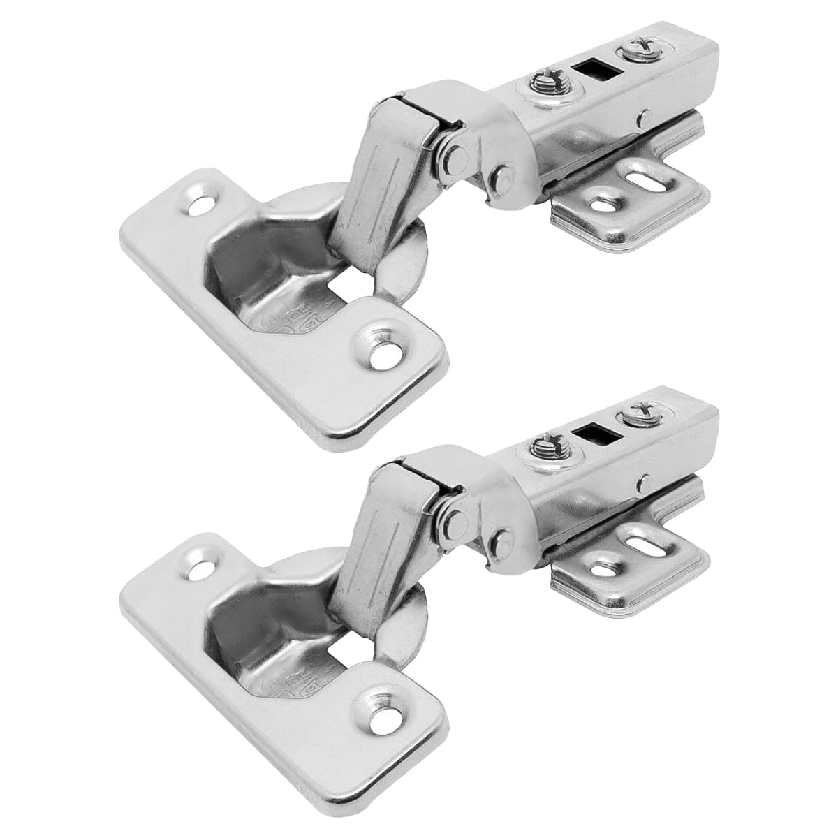 Kit 2 Dobradiças Curvas para Armário 35mm Tradestar com Amortecedor - Fechamento suave e silencioso, ideal para portas de armários e móveis. Dobradiça clip on em aço niquelado, durável e com abertura de 105 graus. Perfeita para portas de 14mm a 21mm.