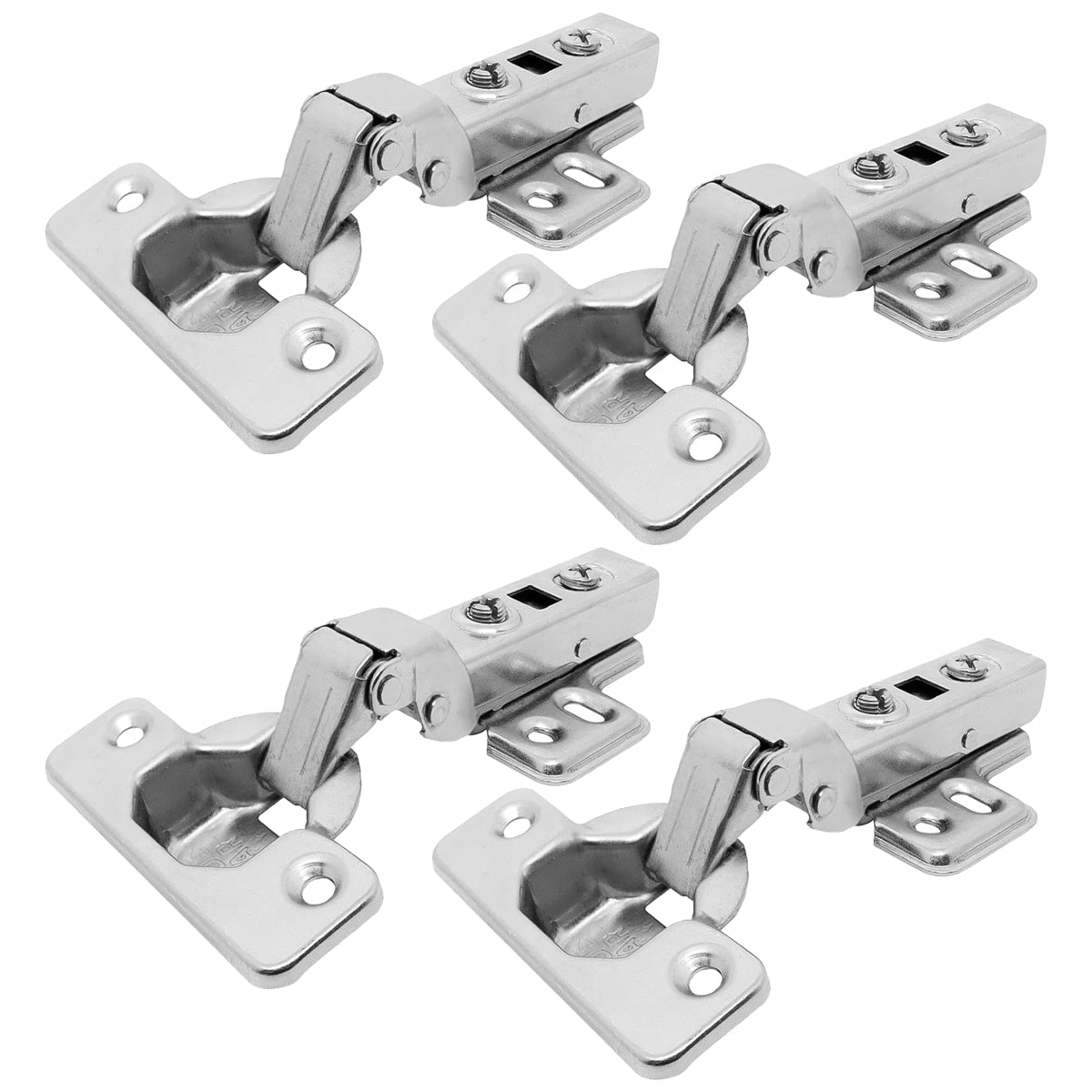 Kit 4 Dobradiças Curvas para Armário 35mm Tradestar com Amortecedor - Fechamento suave e silencioso, ideal para portas de armários e móveis. Dobradiças clip on em aço niquelado, duráveis e com abertura de 105 graus.