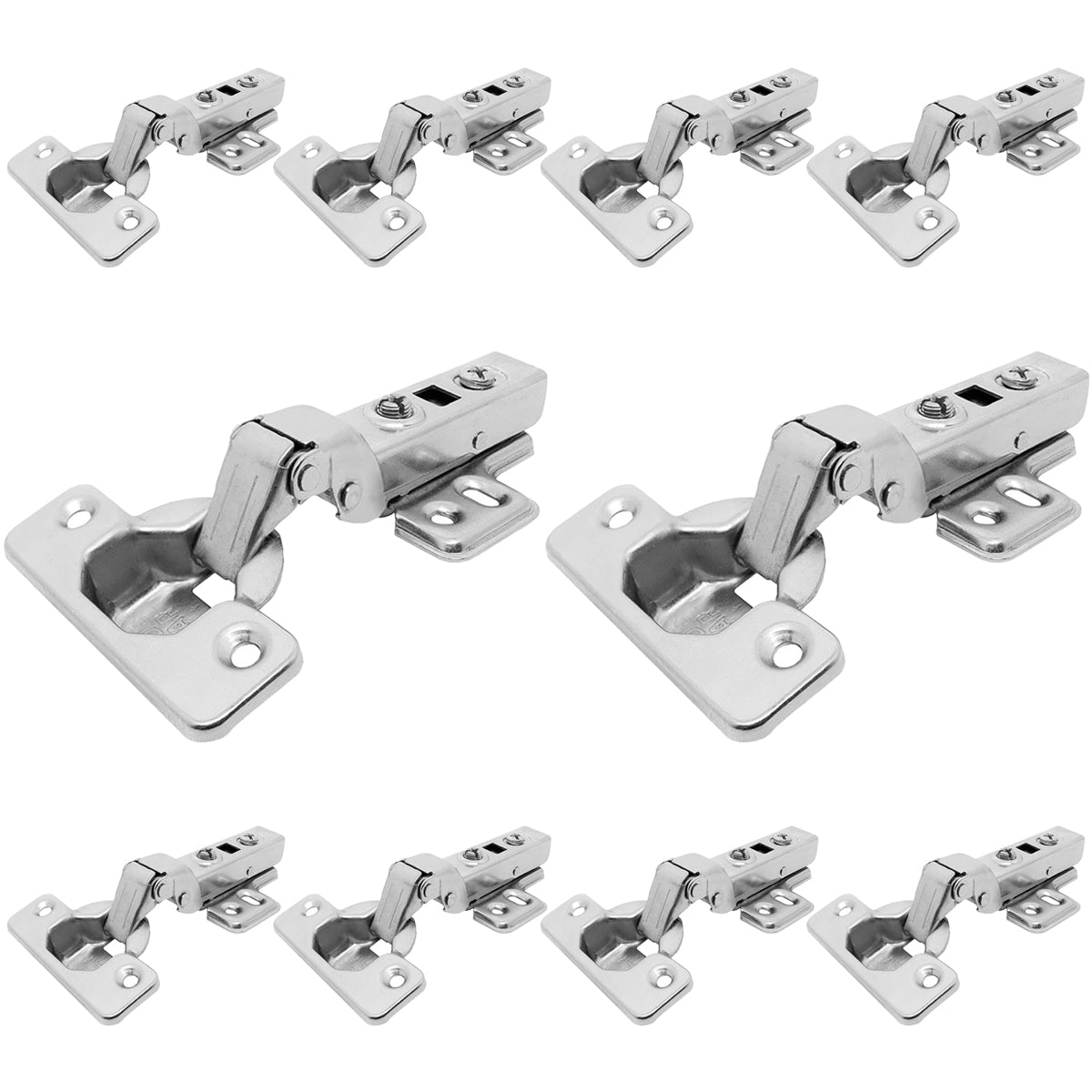 Kit 10 Dobradiça Curva Armário 35mm C/ Amortecedor Tradestar - Dobradiças clip on soft close para portas de armários e móveis, aço niquelado, fechamento suave e silencioso, abertura 105 graus.