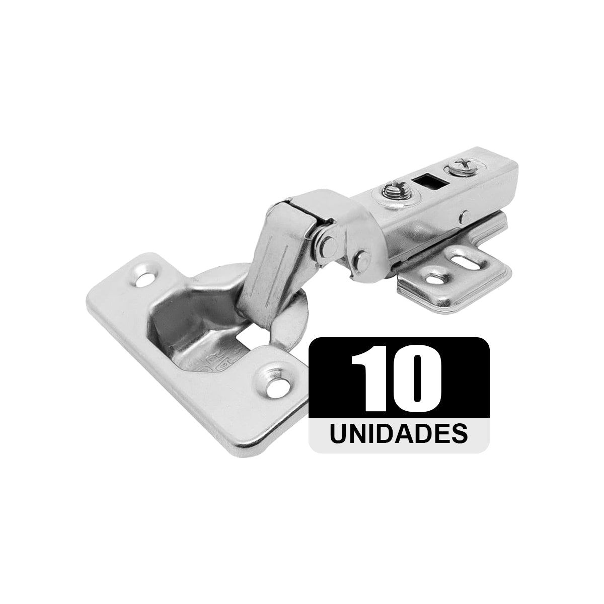 Kit 10 Dobradiça Curva para Armário 35mm Tradestar com Amortecedor - Fechamento suave e silencioso, ideal para portas de armários e móveis. Dobradiça clip on de aço niquelado, durável e com abertura de 105 graus. Perfeita para portas de 14mm a 21mm.