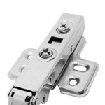 Kit 10 Dobradiça Curva Armário 35mm C/ Amortecedor Tradestar - Dobradiça clip on para portas de armários com fechamento suave e silencioso, fabricada em aço niquelado, ideal para móveis. Possui amortecedor, abertura de 105 graus e design curvo.