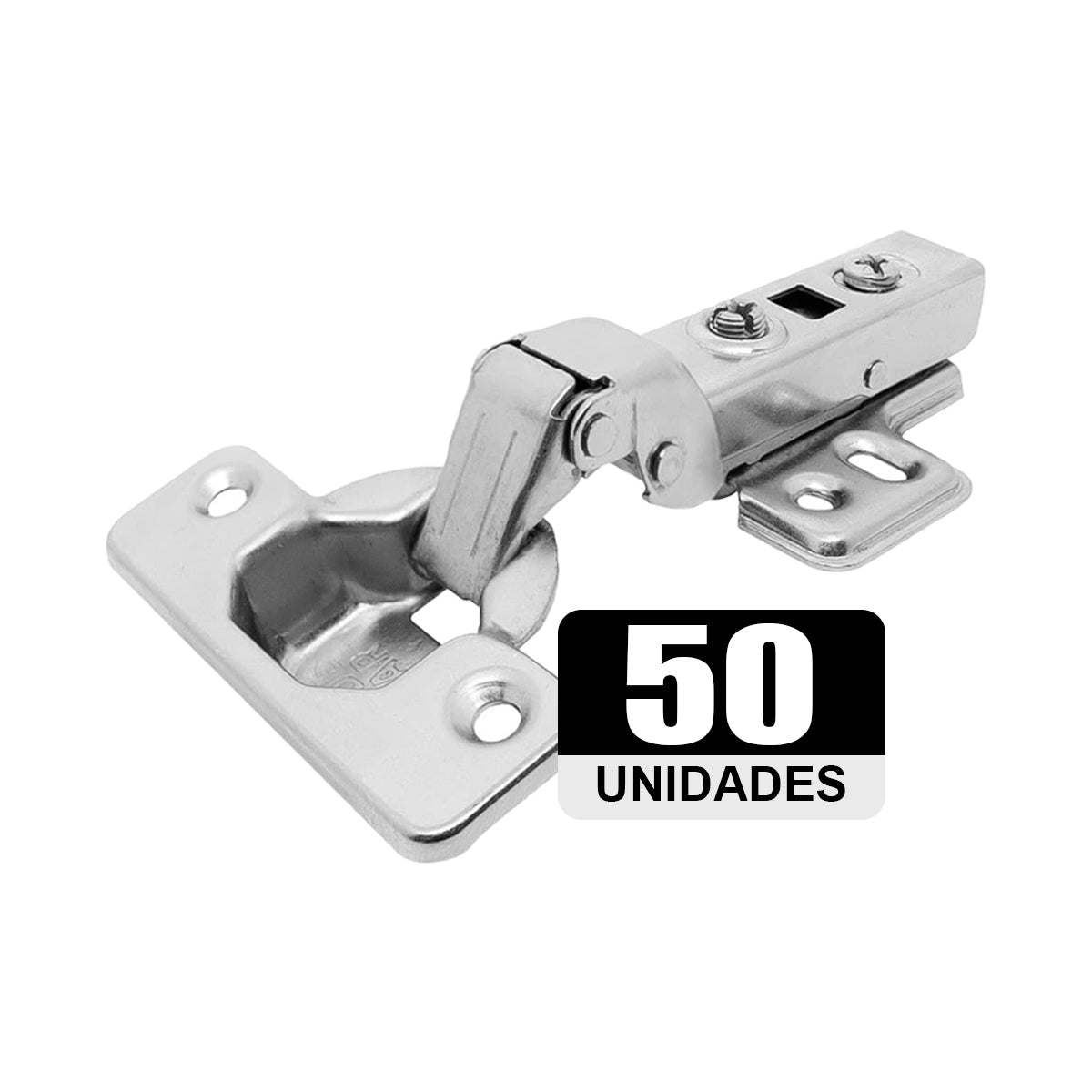 Kit 50 Dobradiças Curvas para Armário 35mm Tradestar com amortecedor, ideal para portas de armários e móveis. Dobradiça clip on soft close em aço niquelado, garantindo fechamento suave e silencioso. Ângulo de abertura de 105 graus, compatível com portas de 14mm a 21mm.