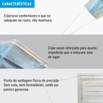Máscara Descartável Proteção 99% 3 Camadas Un - Características: elásticos confortáveis, clipe nasal reforçado para ajuste e ponto de soldagem física de precisão, sem cola e formaldeído.