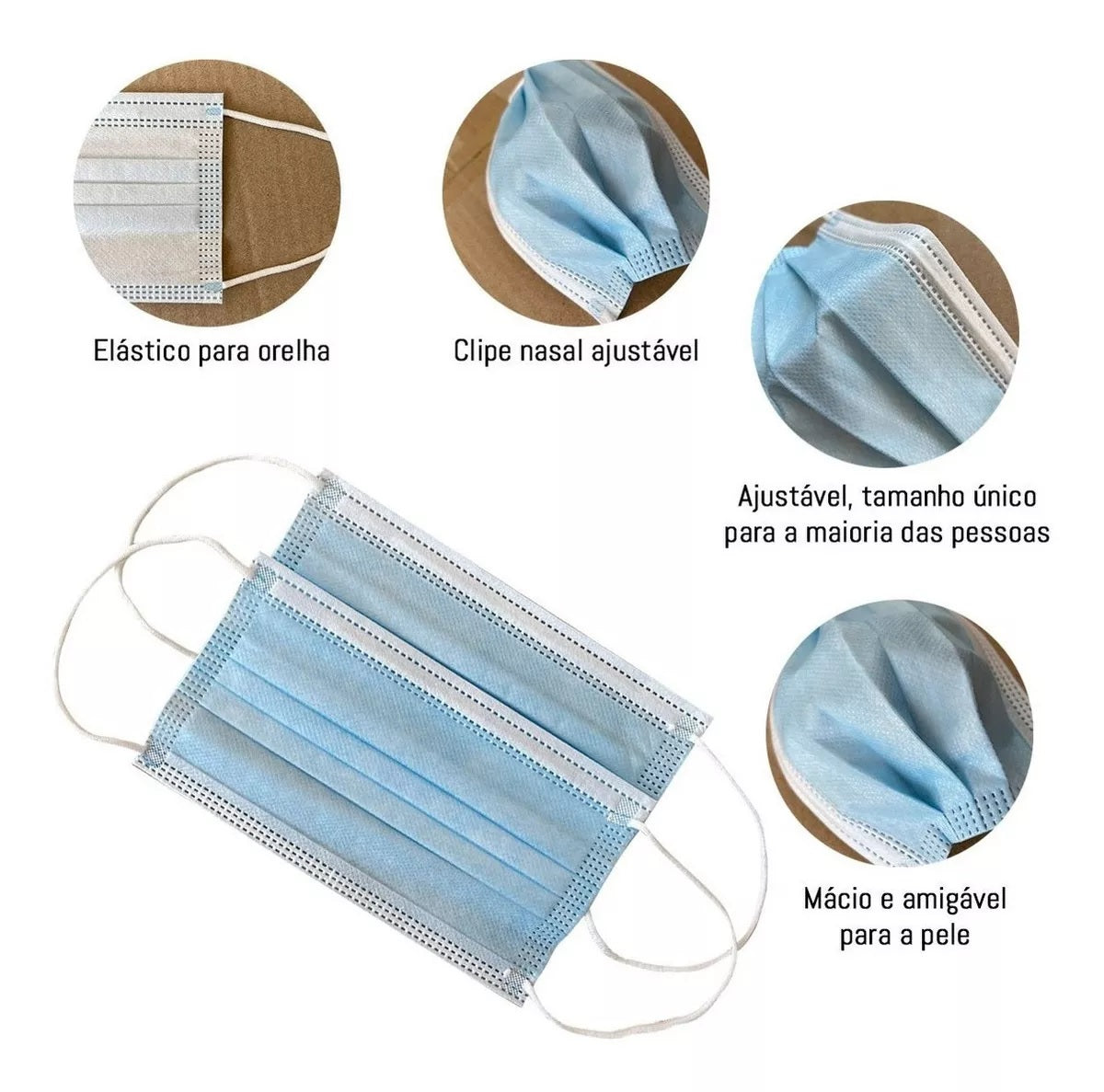 Máscara Descartável de Proteção 99% 3 Camadas Azul - Detalhes: elástico para orelha, clipe nasal ajustável, tamanho único ajustável, macia e amiga da pele. Ideal para proteção individual e prevenção em ambientes públicos.