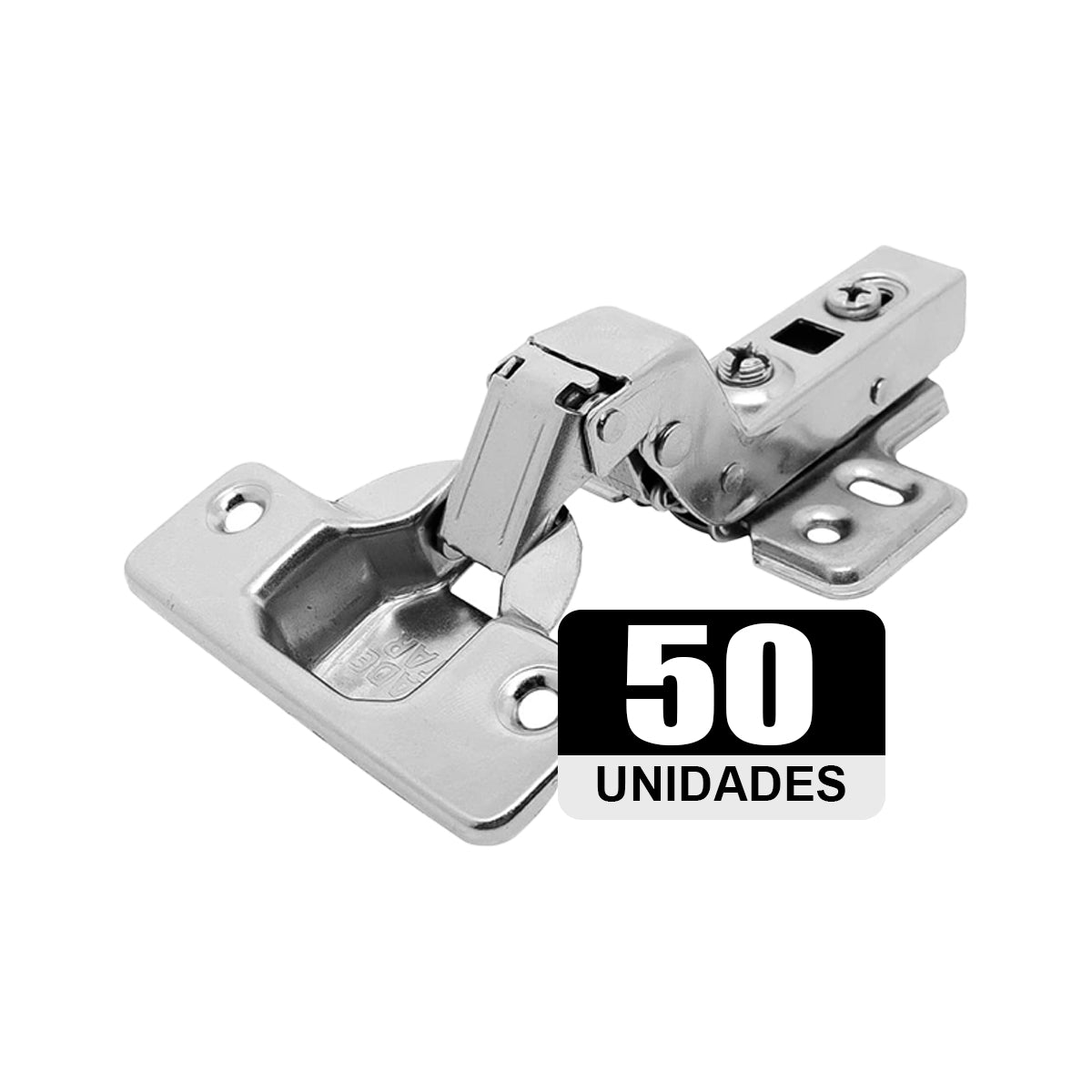 Kit 50 Dobradiças Alta para Armário 35mm com Amortecedor Tradestar - Dobradiça Clip On Soft Close para portas de armários e móveis, aço niquelado, fechamento suave, abertura 105 graus.