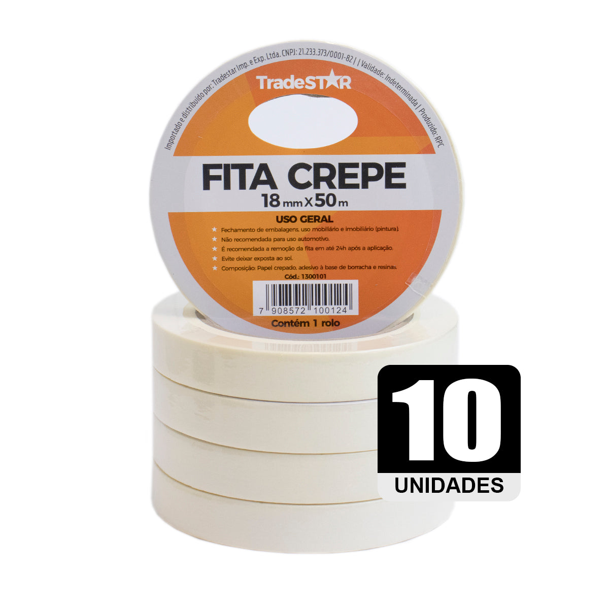 Fita adesiva crepe de papel TradeStar 18mm x 50m com 10 rolos, ideal para pintura, vedação, empacotamento e fixação. Fita crepe de uso geral, fácil de aplicar e remover, não deixa resíduos. Perfeita para decoradores, pintores, eletricistas e construção.