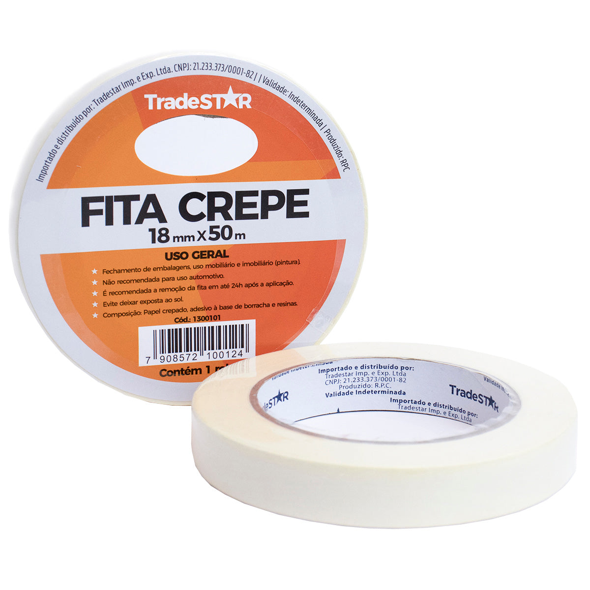 Fita adesiva crepe de papel TradeStar 18mm x 50m, ideal para pintura, vedação, empacotamento e proteção. Fita crepe branca, com adesivo forte e fácil remoção, não deixa resíduos. Caixa com 10 rolos.
