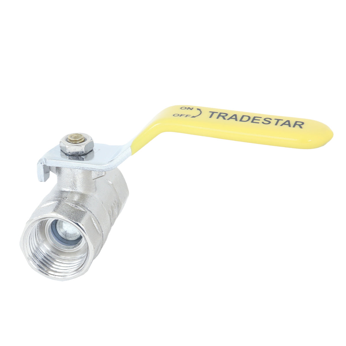 Registro Esfera Metal 1/2 Polegada Liga De Zinco Tradestar - Válvula de esfera metálica com manopla amarela para controle de fluxo em sistemas hidráulicos. Ideal para instalações que exigem durabilidade e precisão.