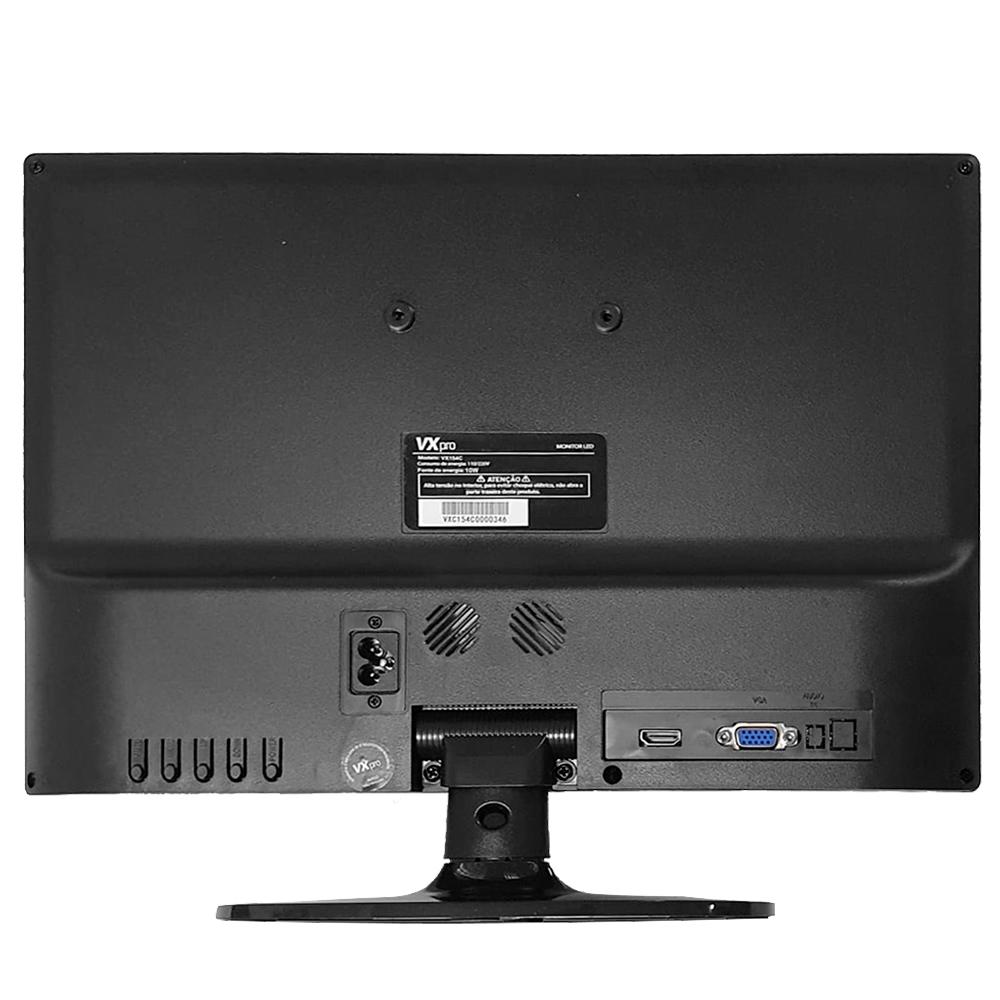 Monitor Vxpro Vx154z 15.4 polegadas, resolução 1280x800, 5ms, com conexões HDMI e VGA. Ideal para trabalho, entretenimento e jogos. Monitor LED com design compacto e eficiente, mostrando as conexões e detalhes da parte traseira.