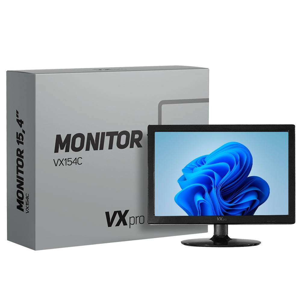Monitor Vxpro Vx154z 15.4 polegadas com resolução 1280x800, 5ms, HDMI/VGA. Monitor de tela plana com caixa ao fundo mostrando o nome do produto e a marca VXpro.